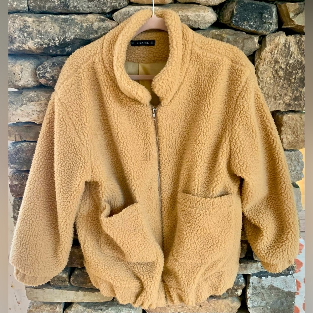Zaful Tan Cozy Teddy Bear Jacket Sherpa Oversized Full Zip Coat M fleece